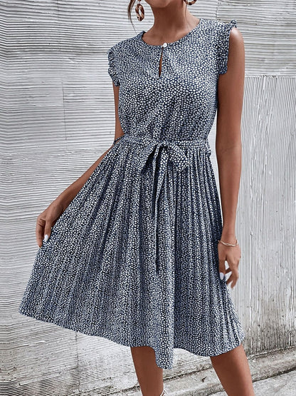 Print Keyhole Neck Flutter Sleeve Fit & Flare Dress