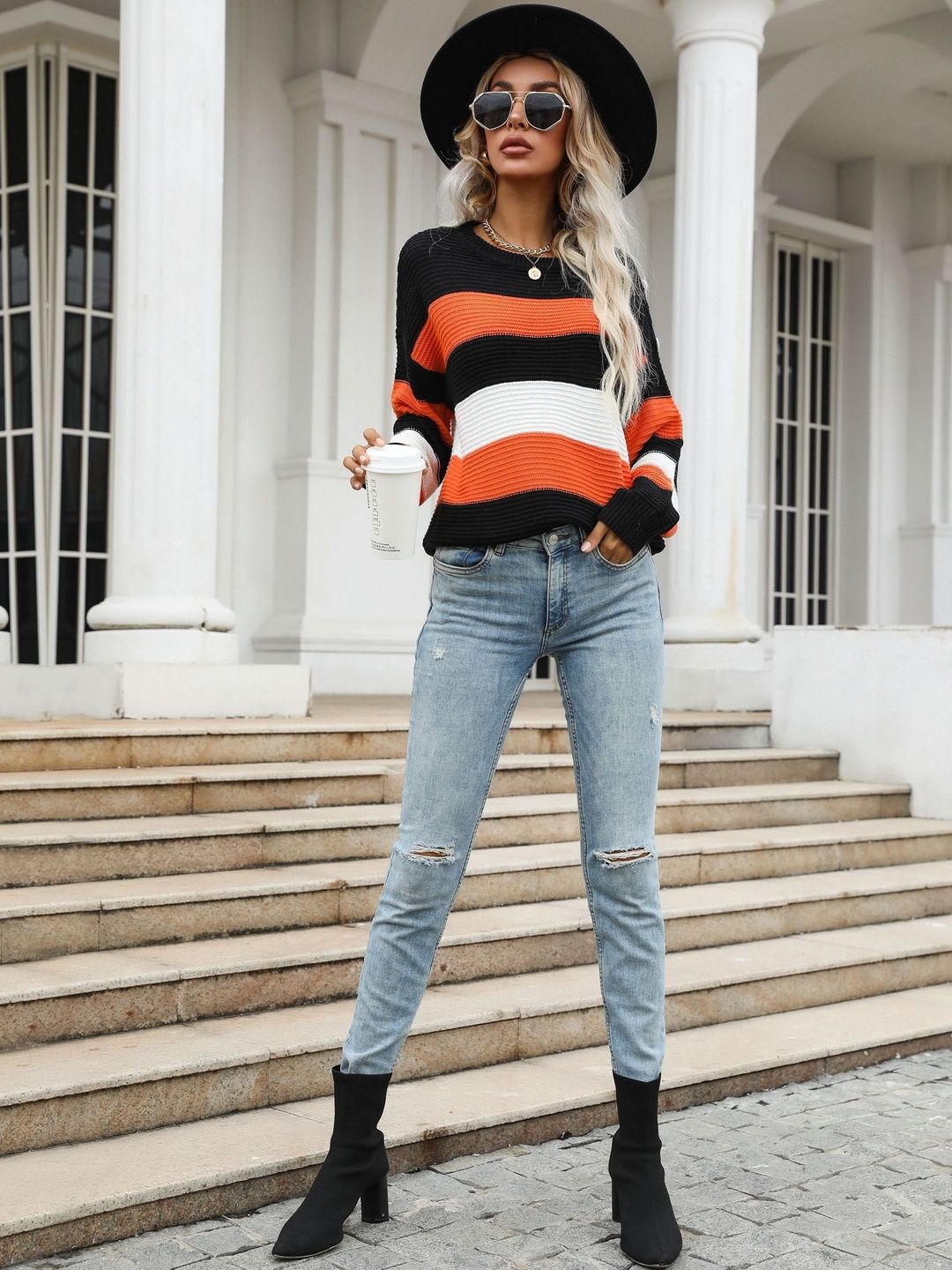 Women's Orange Striped Pullover Blend Regular Fit