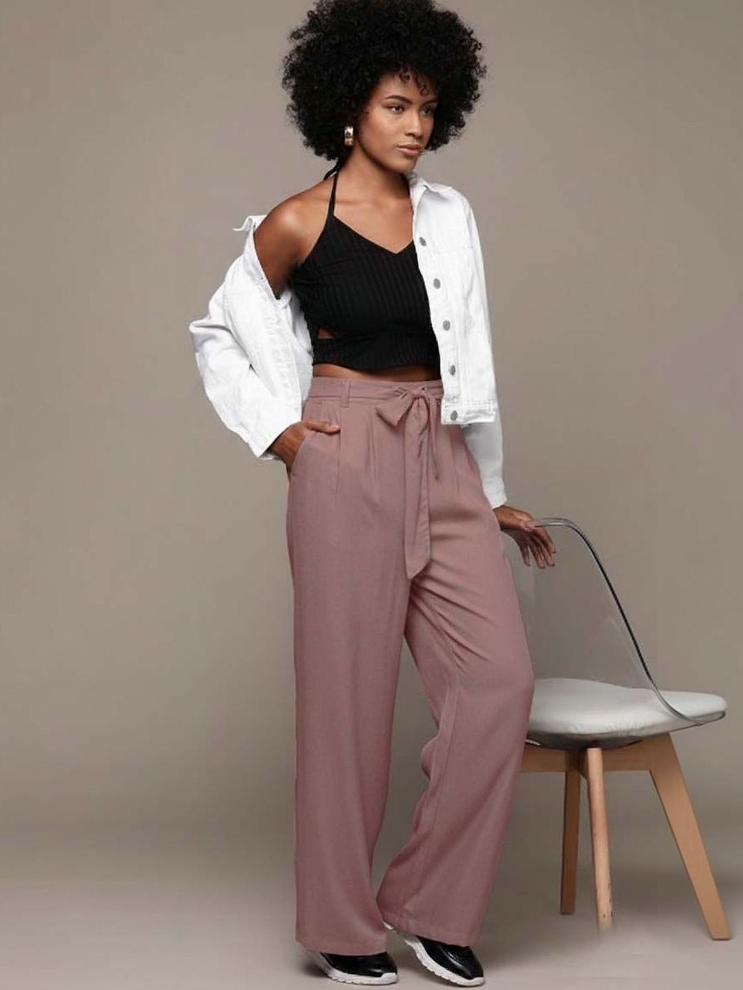 High-Rise Wrinkle Free Pleated Trousers in Pink polyester - Nowi Korean Fashion
