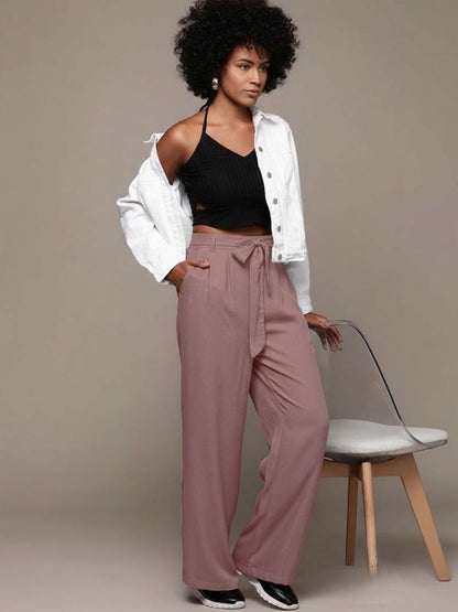 High-Rise Wrinkle Free Pleated Trousers in Pink polyester - Nowi Korean Fashion