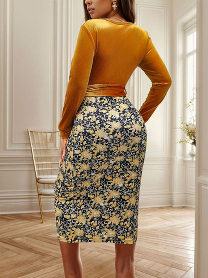 Women's Yellow Floral Print Midi Dress