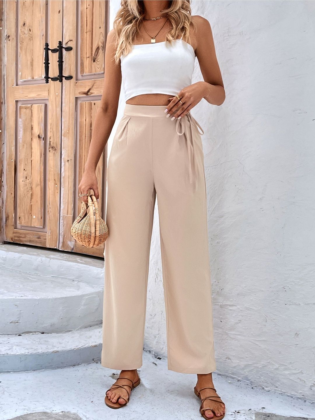 Loose Fit High-Rise Non Iron Trousers in Beige polyester - Nowi Korean Fashion