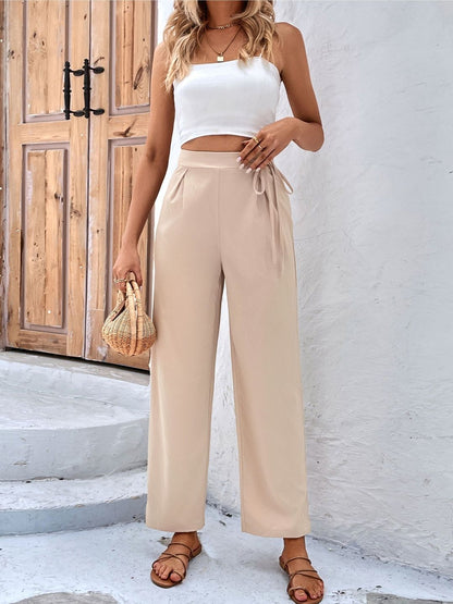 Loose Fit High-Rise Non Iron Trousers in Beige polyester - Nowi Korean Fashion
