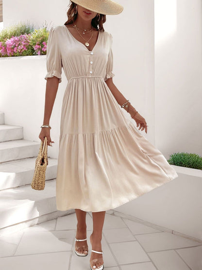 Puff Sleeve Fit & Flare Midi Dress in Beige silk - Nowi Korean Fashion