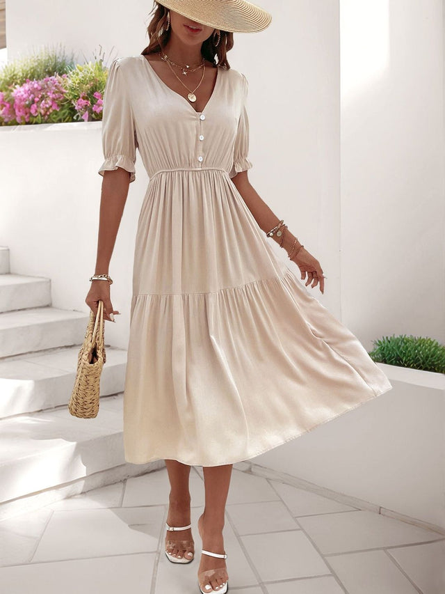 Puff Sleeve Fit & Flare Midi Dress in Beige silk - Nowi Korean Fashion