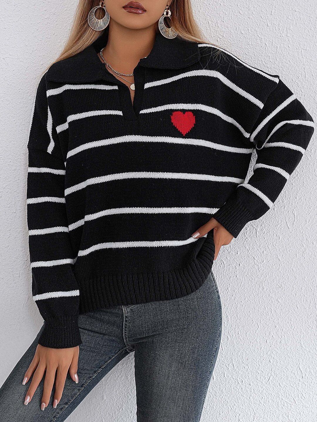 Women Striped Pullover with Embroidered Detail