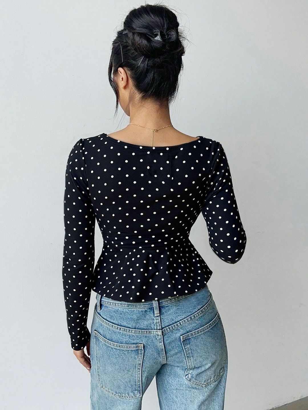 NOWI Polka Dot Print Peplum Crop Top