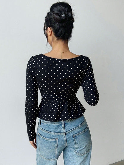 NOWI Polka Dot Print Peplum Crop Top