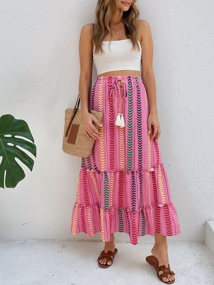 Printed Tiered Flared Cotton Skirts in Pink - Nowi Korean Fashion