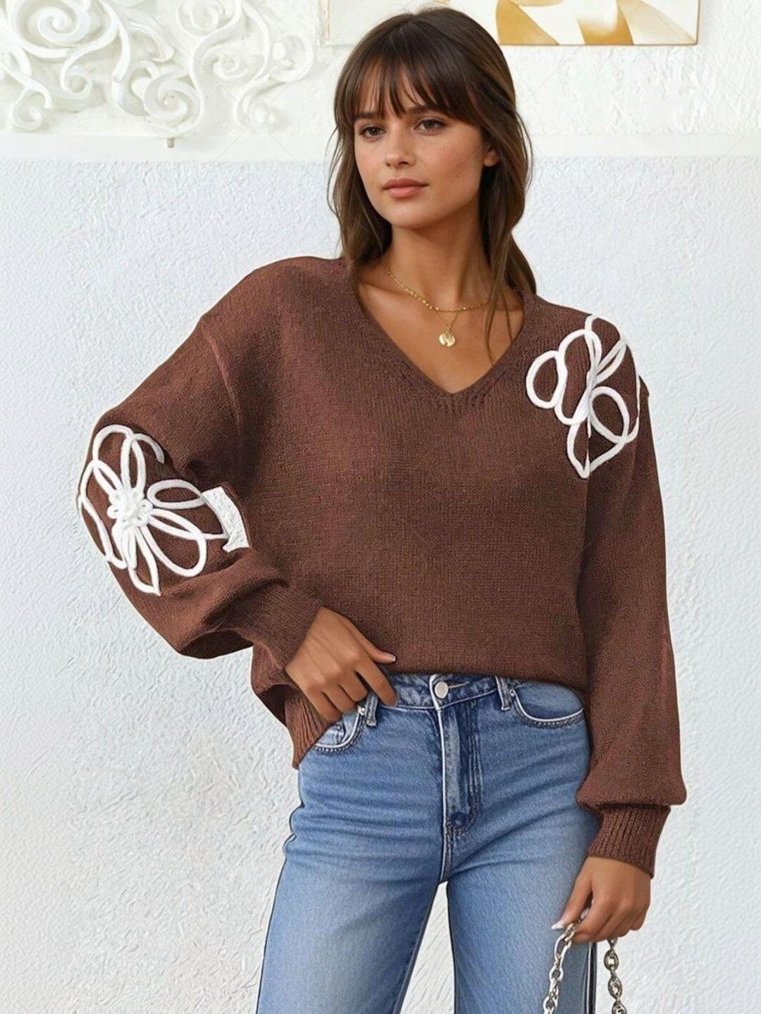Floral Pullover with Embroidered Detail in Brown cotton - Nowi Korean Fashion