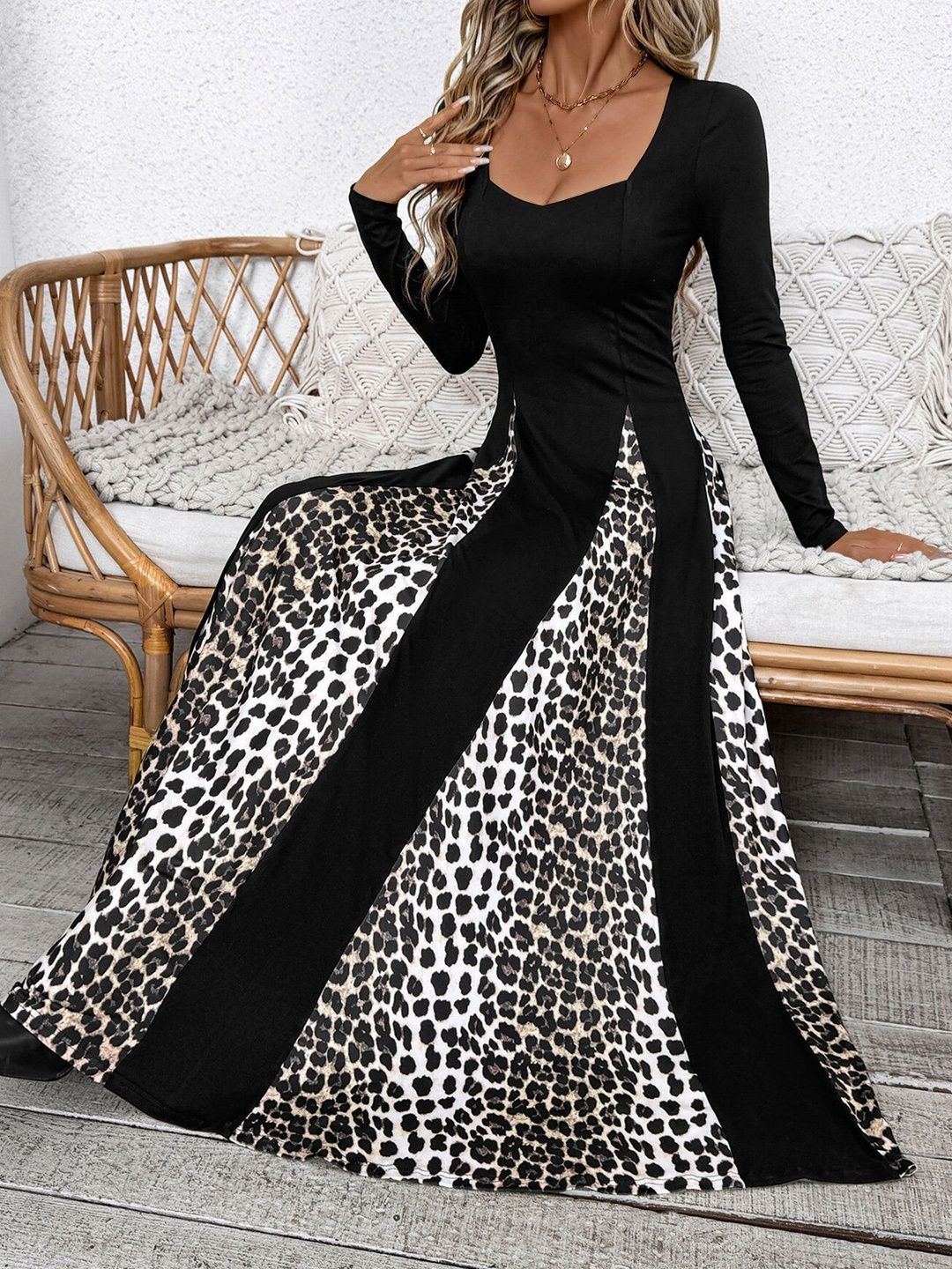 Women's Black Animal Print Maxi Dress