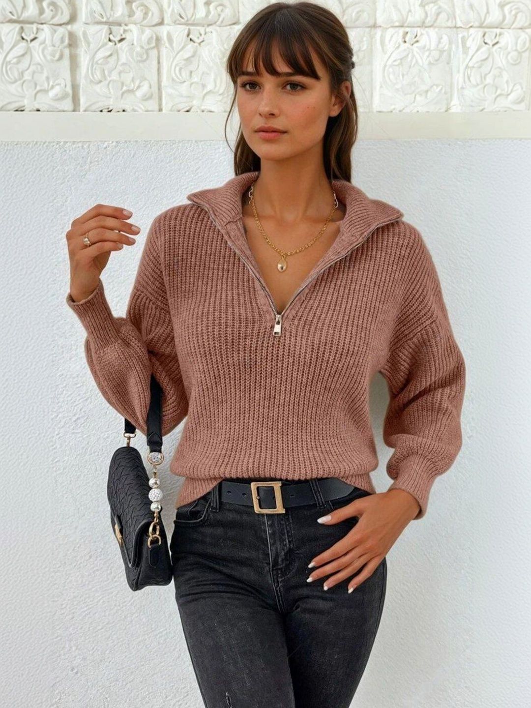 Ribbed Pullover in Brown acrylic Long Sleeve - Nowi Korean Fashion