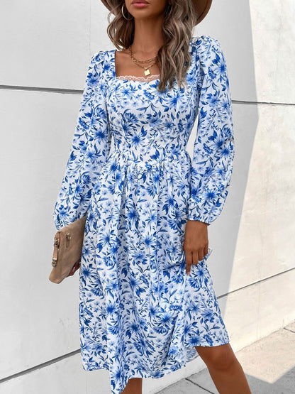 Women's White Floral Print Puff Sleeve Fit & Flare Midi