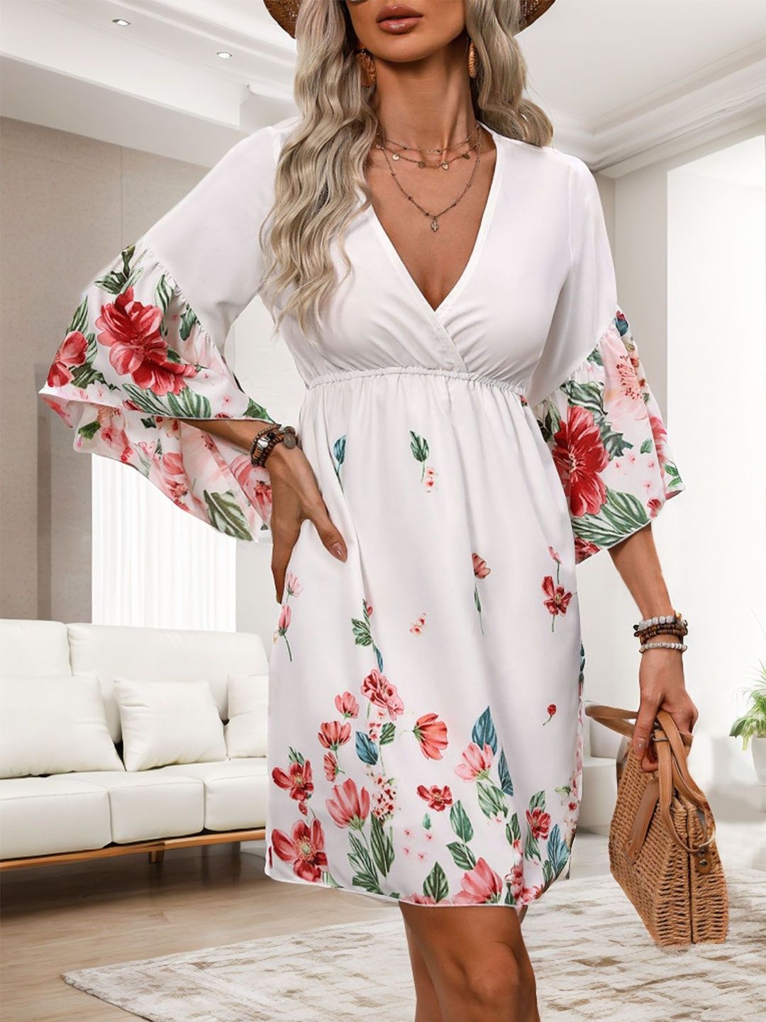 Floral Print Flared Sleeve Fit & Flare Dress