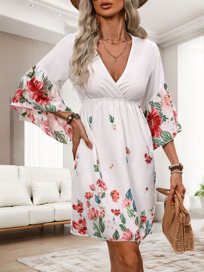 Floral Print Flared Sleeve Fit & Flare Dress