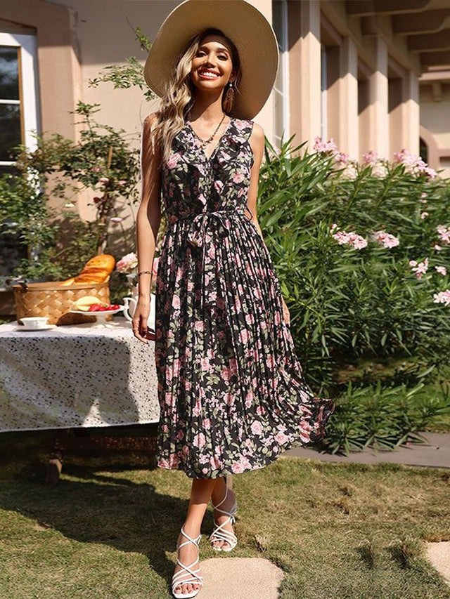 Floral Print Fit & Flare Midi Dress in Black cotton Sleeveless - Nowi Korean Fashion