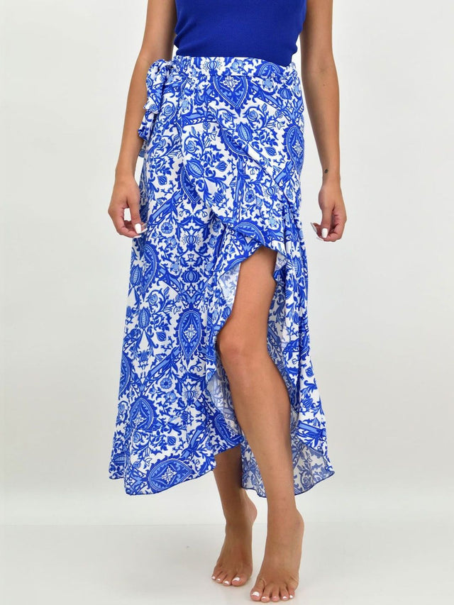 Printed Flared Mid Rise Maxi Skirts in Blue polyester - Nowi Korean Fashion