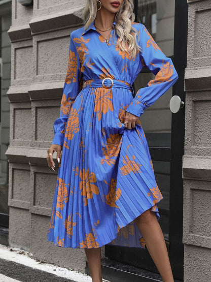 Women's Blue Floral Print A-Line Midi Dress Blend