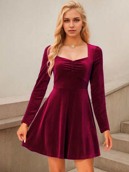 Fit & Flare Dress in Maroon velvet - Nowi Korean Fashion