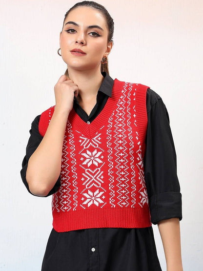 NOWI Women Fair Isle Printed Woollen Crop Sweater Vest