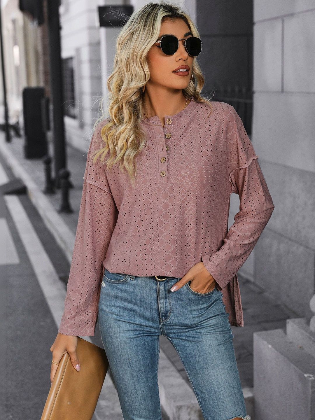 Henley Neck T-shirt in Pink Cotton - Nowi Korean Fashion