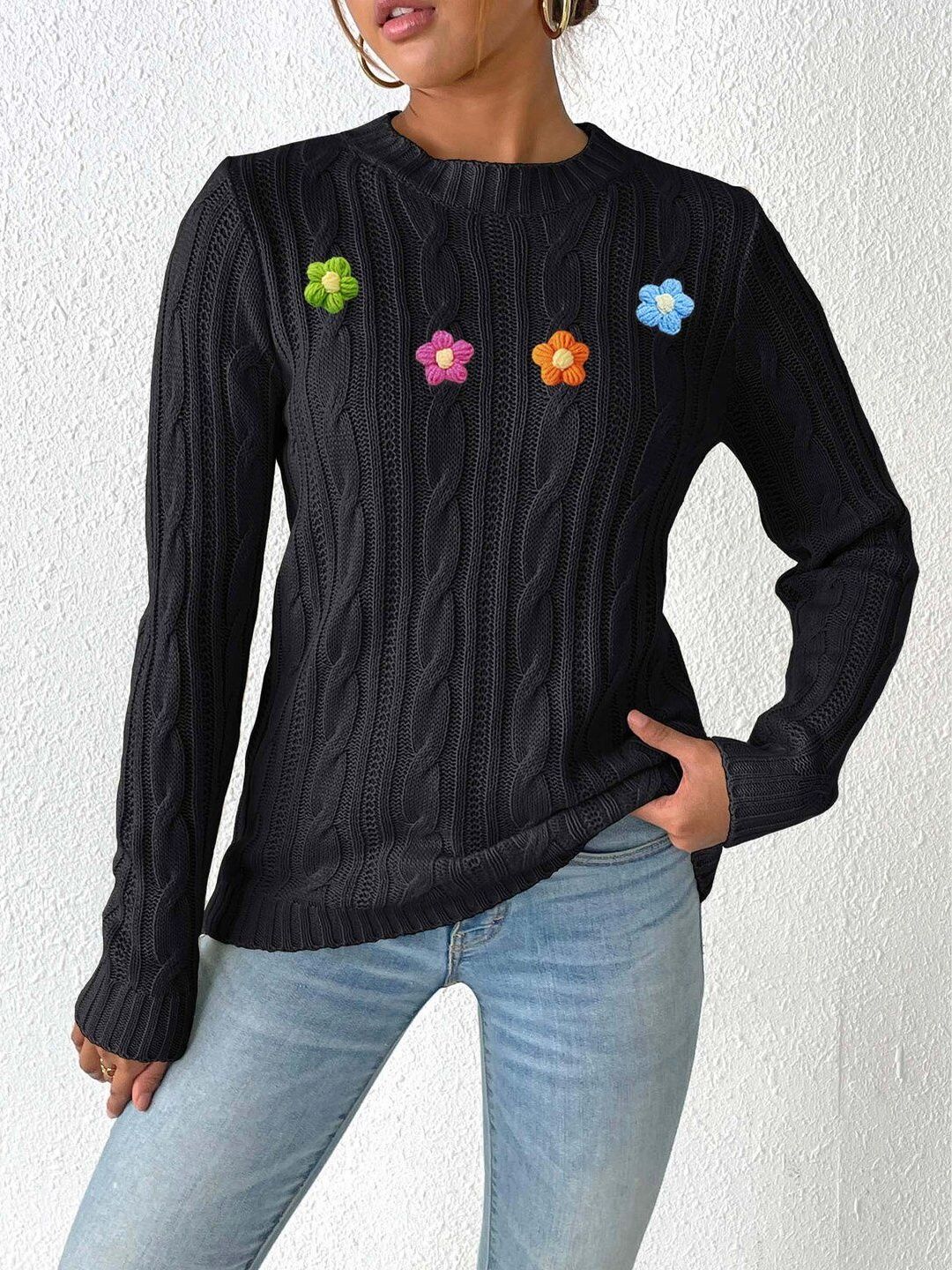 Women Cable Knit Pullover with Applique Detail