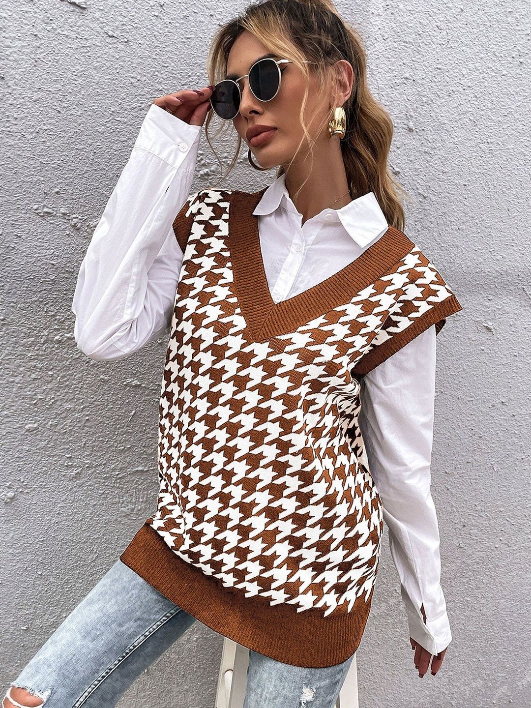 Checked Printed Sweater Vest in Brown - Nowi Korean Fashion
