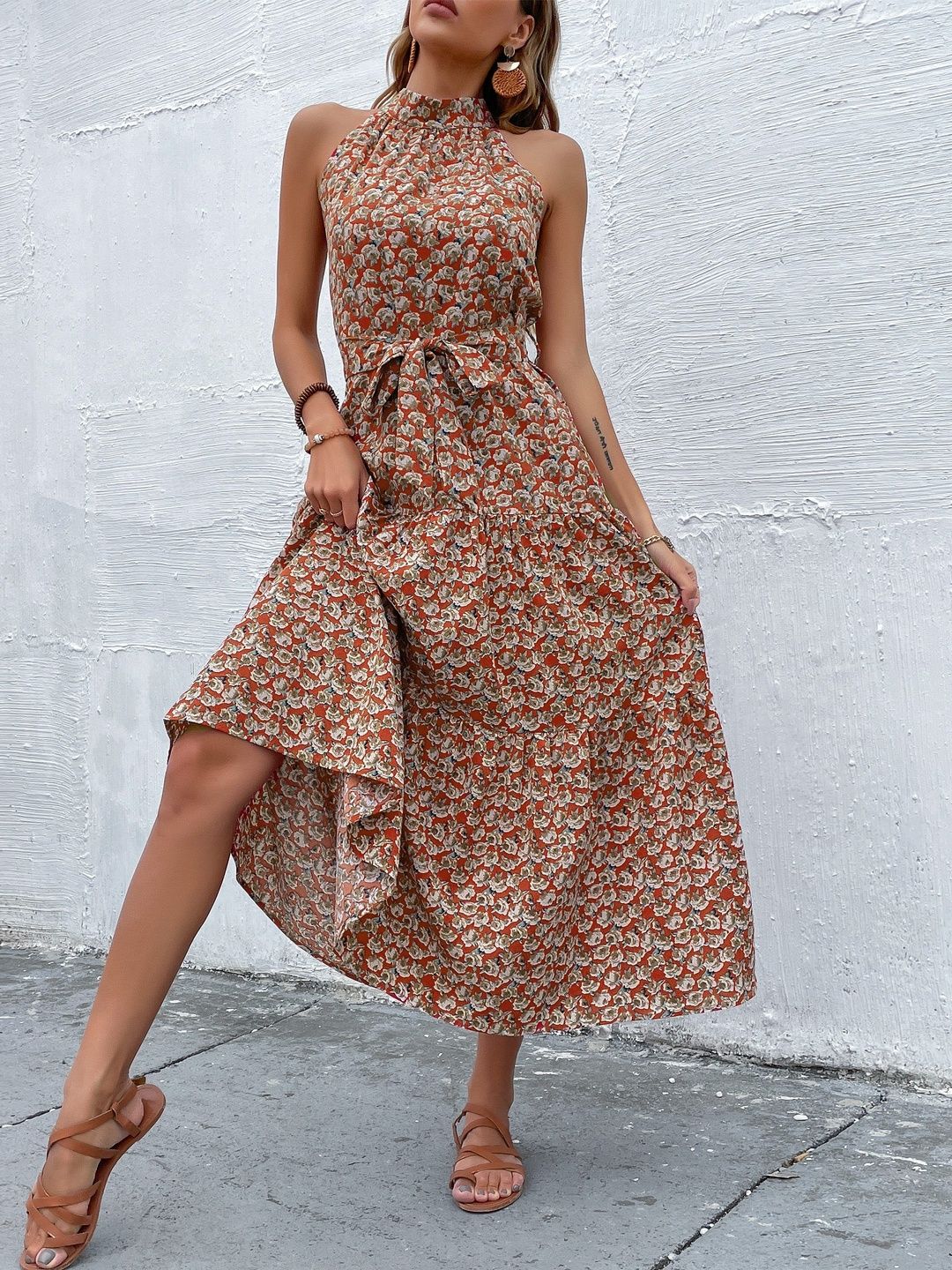 Floral Print Halter Neck Fit & Flare Midi Dress