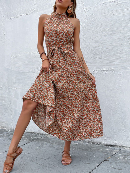 Floral Print Halter Neck Fit & Flare Midi Dress