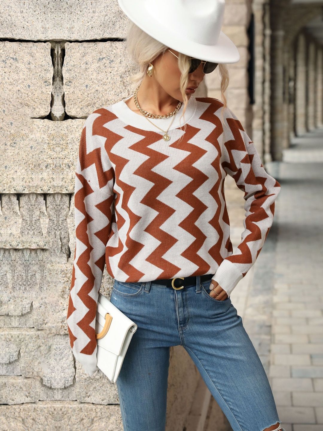 Women's White Printed Cotton Pullover Sweaters