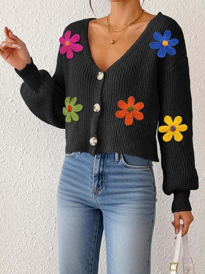 Women Colourblocked Ribbed Crop Cardigan with Embroidered Detail