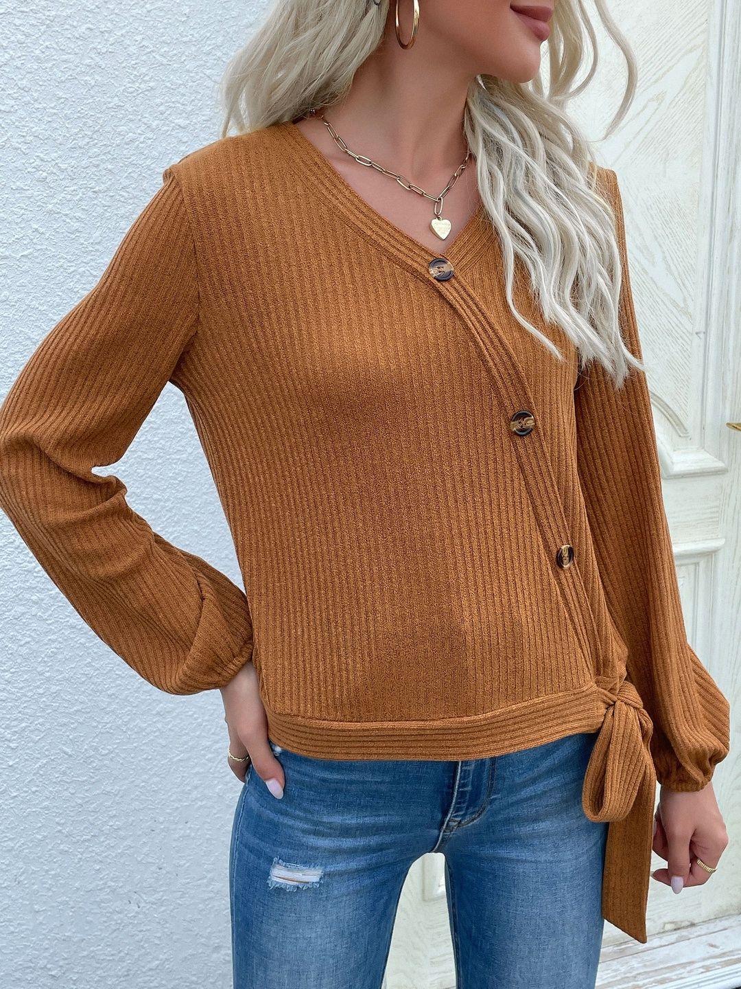 Women's Brown Ribbed Pullover Blend Printed Regular Fit
