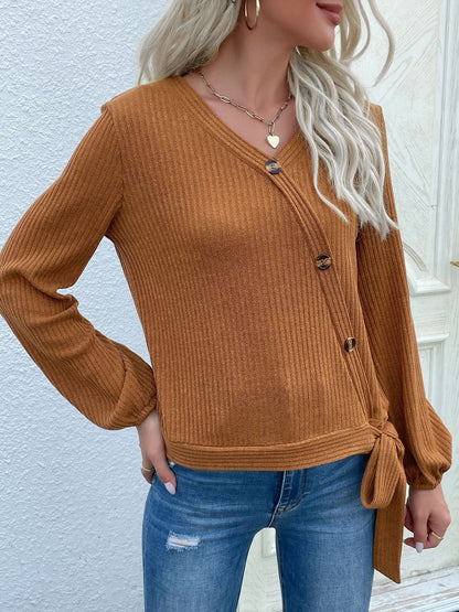 Women's Brown Ribbed Pullover Blend Printed Regular Fit