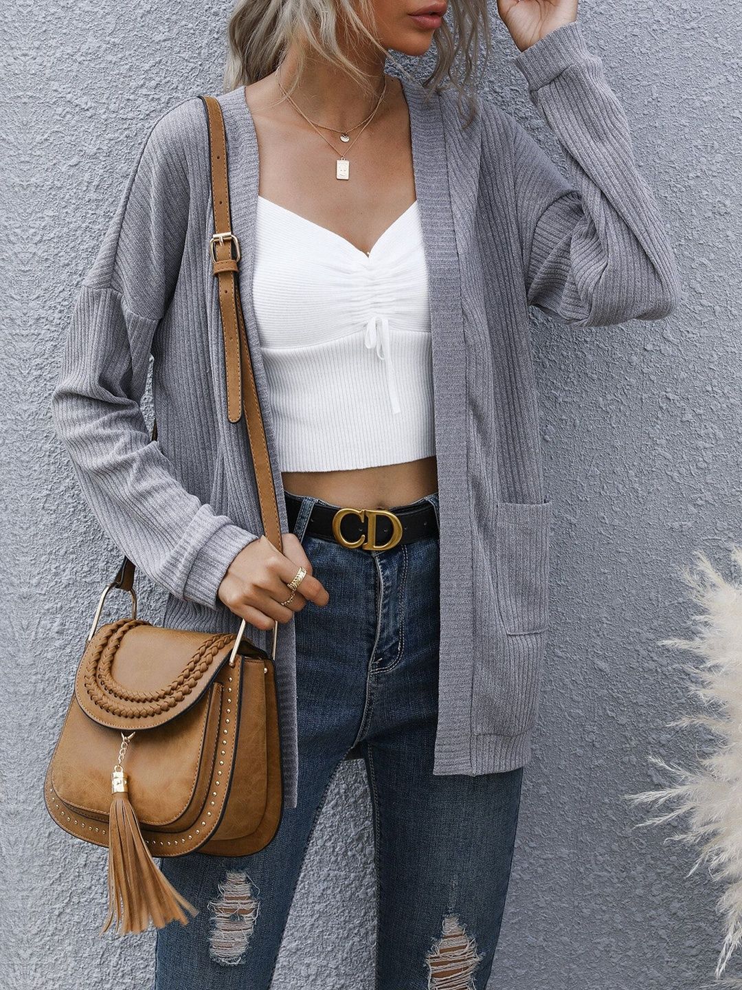Women's Grey Ribbed Cardigan Blend Printed Regular Fit