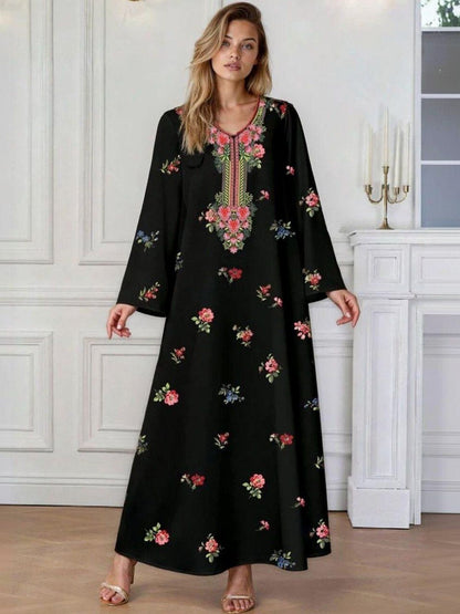 Floral Print Kaftan Maxi Dress in Black cotton - Nowi Korean Fashion