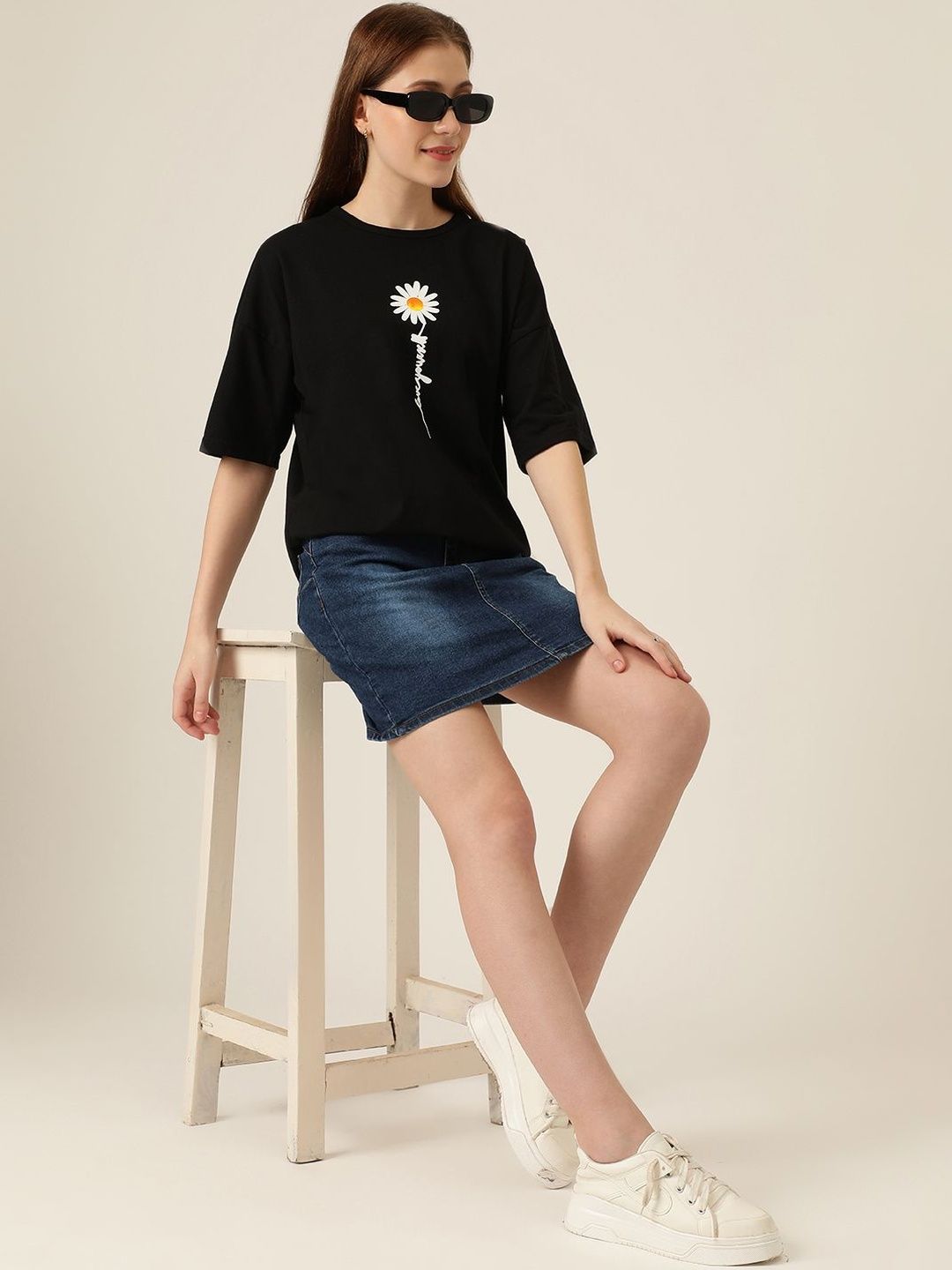 NOWI Women Floral Printed Drop-Shoulder Sleeves T-shirt