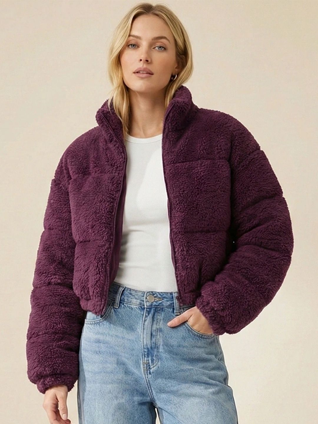 NOWI Women Woollen Crop Puffer Jacket