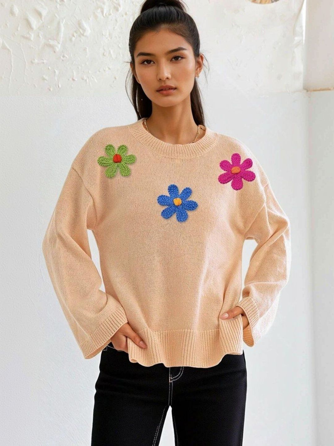 Colourblocked Pullover with Applique Detail in Pink acrylic - Nowi Korean Fashion