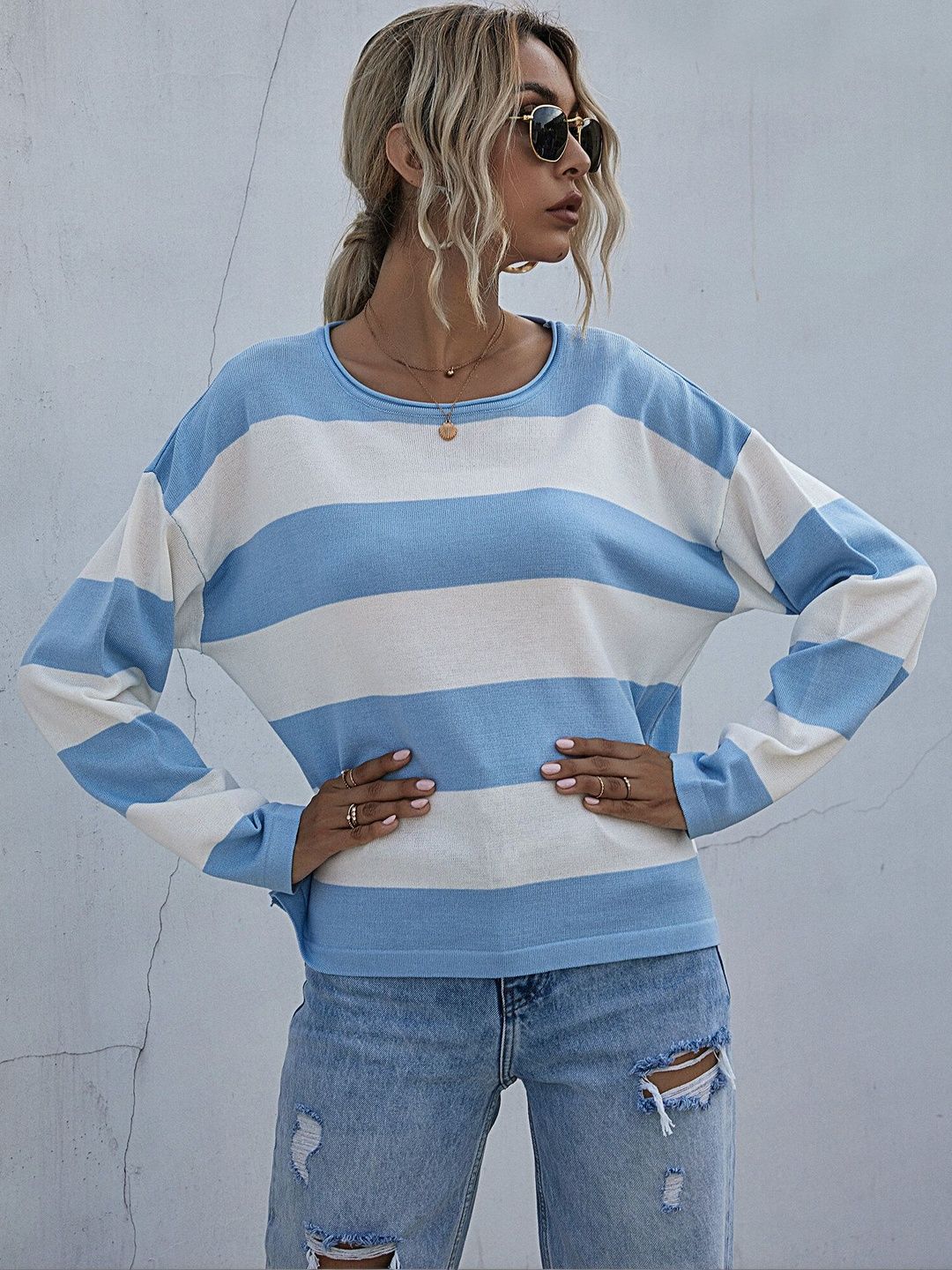 Women's Blue Striped Pullover Blend Regular Fit