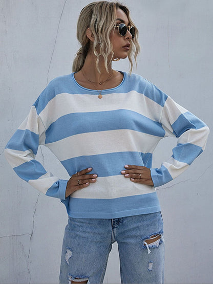 Women's Blue Striped Pullover Blend Regular Fit