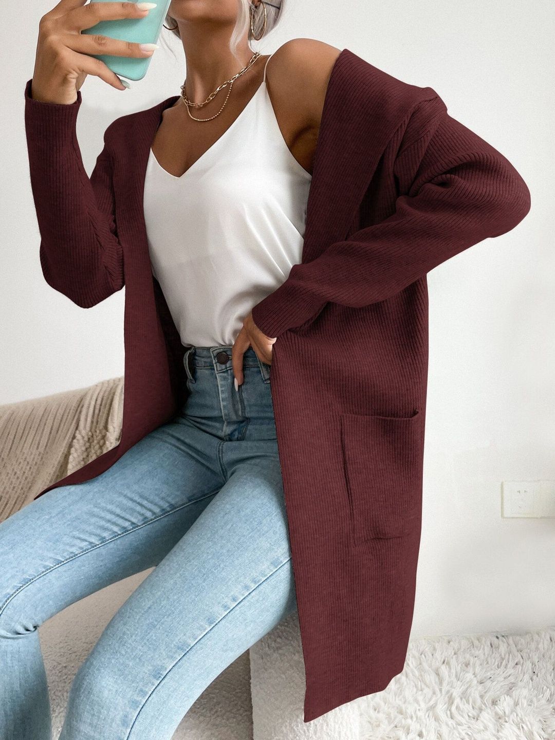 Ribbed Cardigan in Maroon - Nowi Korean Fashion