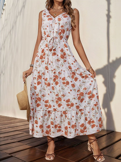 Floral Print A-Line Maxi Dress in White cotton - Nowi Korean Fashion