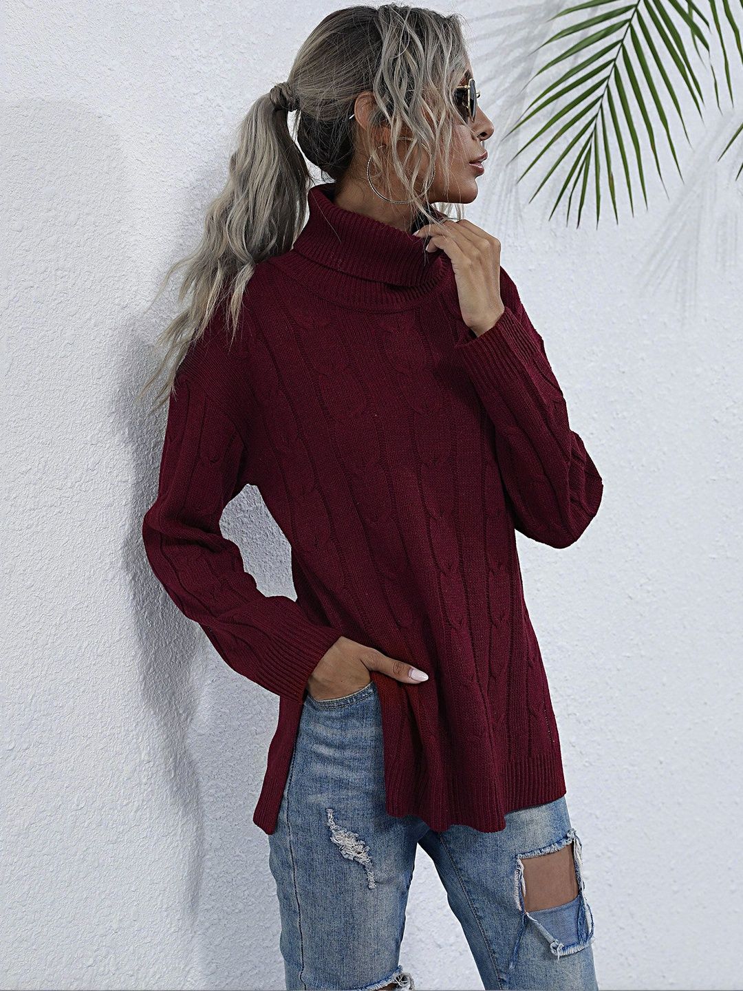 Women's Maroon Cable Knit Pullover