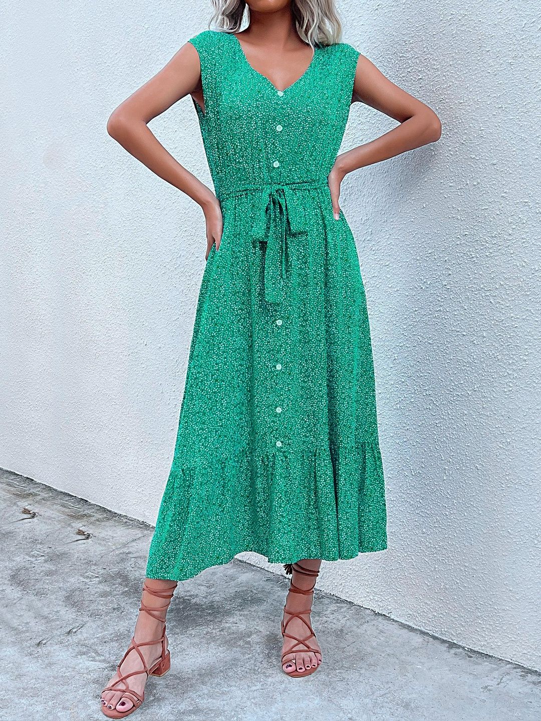 Print A-Line Midi Dress in Green cotton Printed - Nowi Korean Fashion