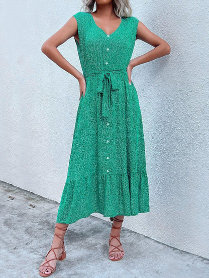 Print A-Line Midi Dress in Green cotton Printed - Nowi Korean Fashion