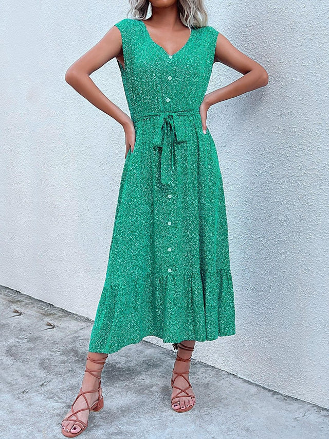 Print A-Line Midi Dress in Green cotton Printed - Nowi Korean Fashion