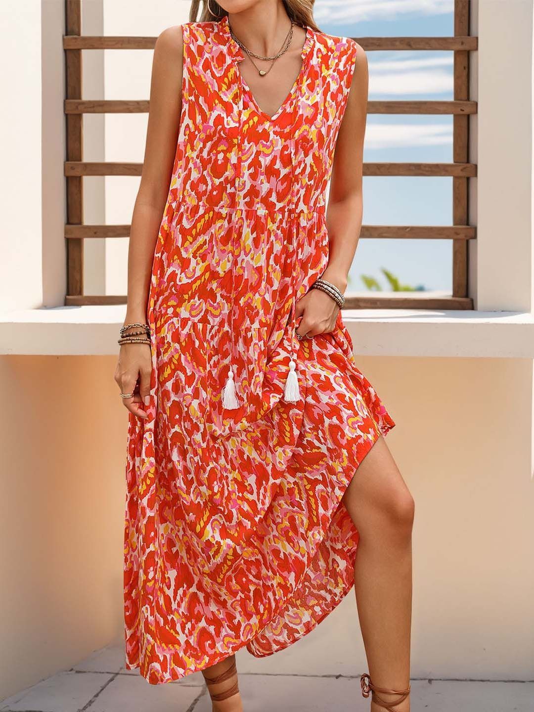 Printed A-Line Midi Dress in Red - Nowi Korean Fashion