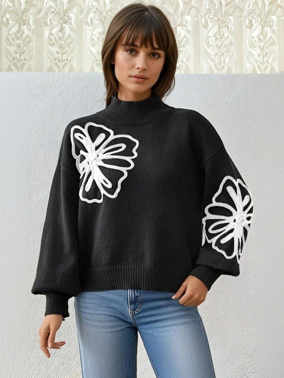 Floral Pullover with Embroidered Detail in Black acrylic - Nowi Korean Fashion