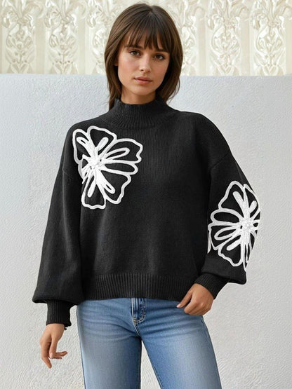 Floral Pullover with Embroidered Detail in Black acrylic - Nowi Korean Fashion
