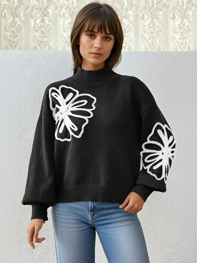 Floral Pullover with Embroidered Detail in Black acrylic - Nowi Korean Fashion